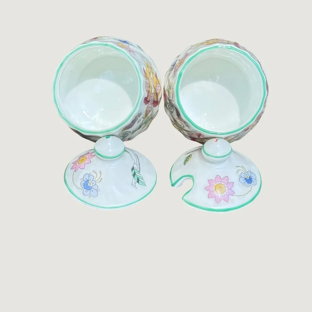 Minton Haddon Hall Bone China Condiment Jars Pots Jam Mustard Set 2 Made England